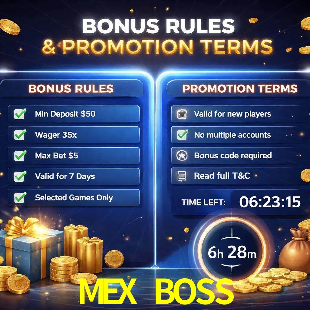 Reglas de promoción MEX BOSS y condiciones de bonos explicadas visualmente
