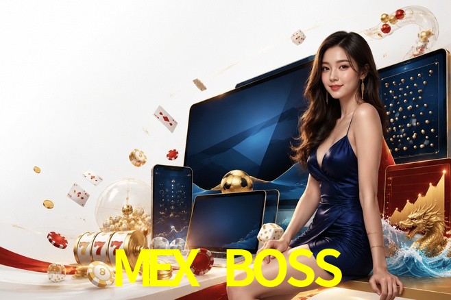 Una escena digital vívida inspirada en casino con MEX BOSS mostrado prominentemente, luces brillantes, fichas, cartas y acentos dorados.