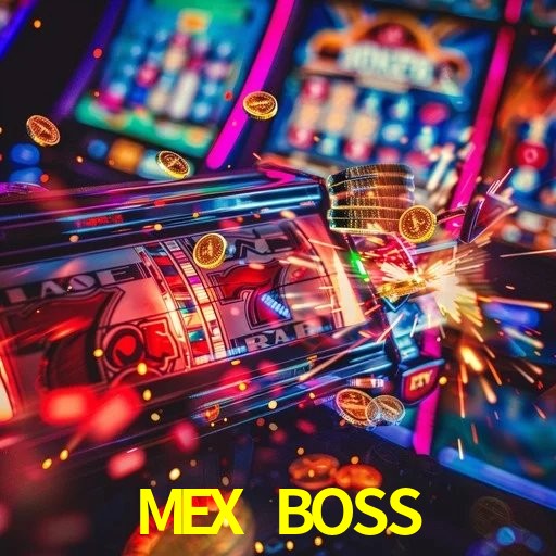 Escena dinámica inspirada en casino con iluminación MEX BOSS, cartas, fichas e íconos de juegos digitales en un espacio moderno de juegos.