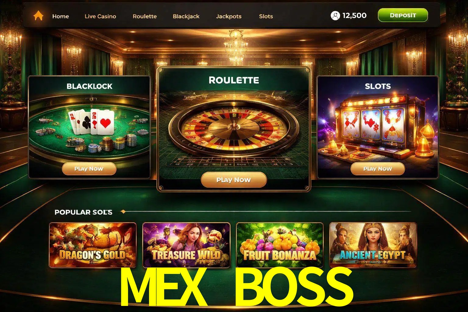 Vista de la plataforma MEX BOSS Casino mostrando categorías organizadas de juegos en línea