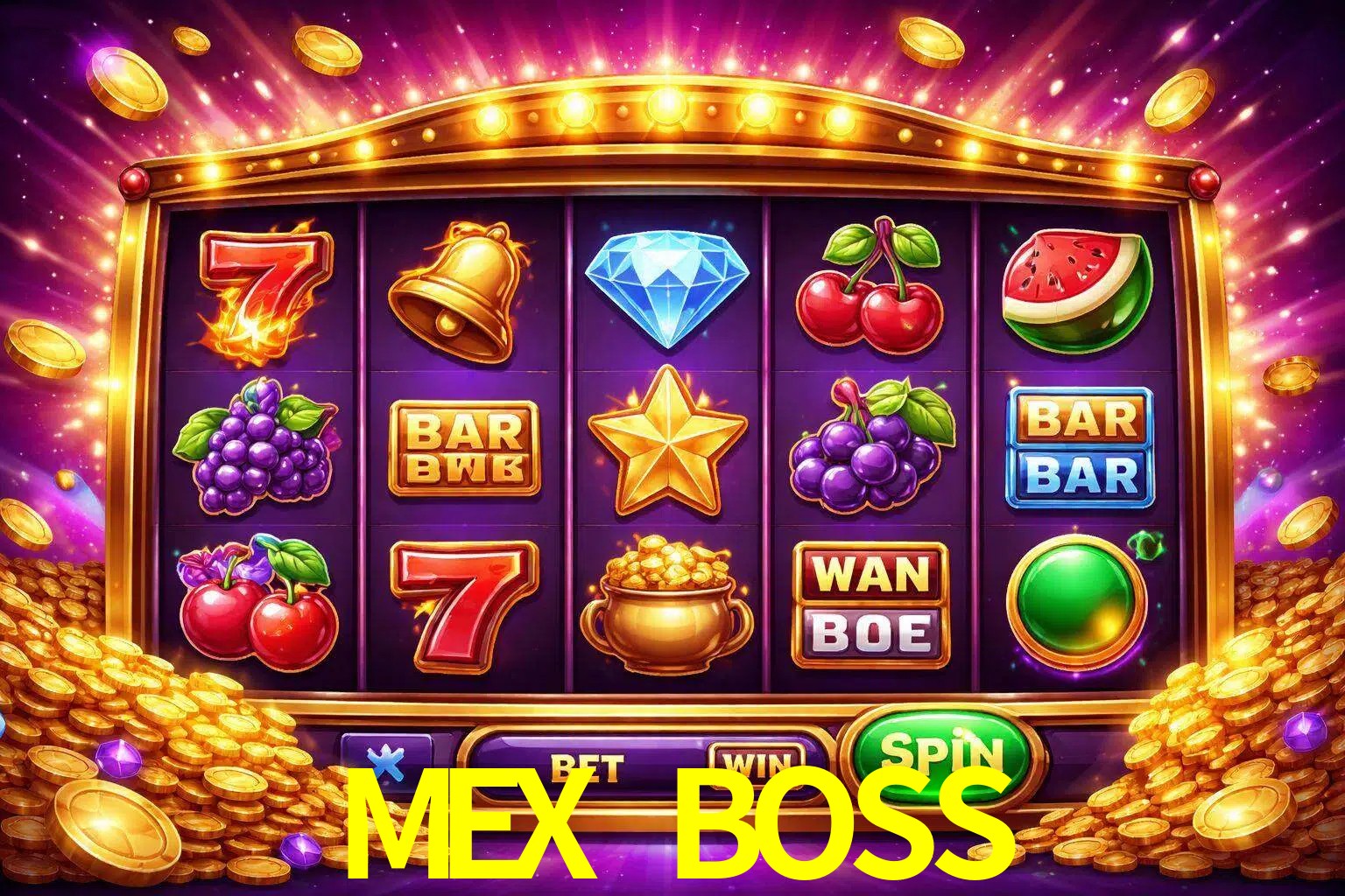 Una interfaz colorida de tragamonedas en línea con símbolos brillantes, monedas y un efecto de victoria celebratoria en MEX BOSS.