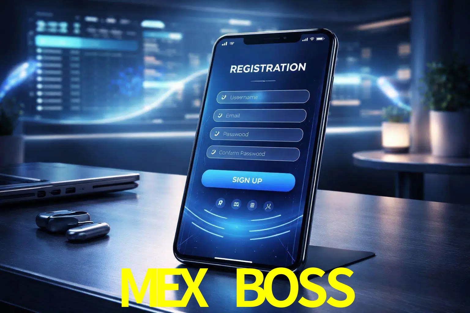 Una interfaz moderna de registro móvil para MEX BOSS mostrada en un smartphone con un panel de apuestas elegante.